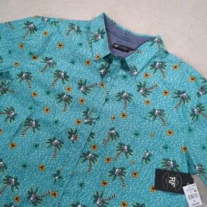 RF Brand Mens Skull Palm Tree Blue Short Sleeve Collar Shirt 100% Cotton Size XL